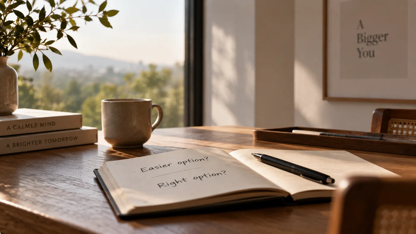 A notebook on a desk with two questions written in it: ‘Easier option?’ and ‘Right option?’