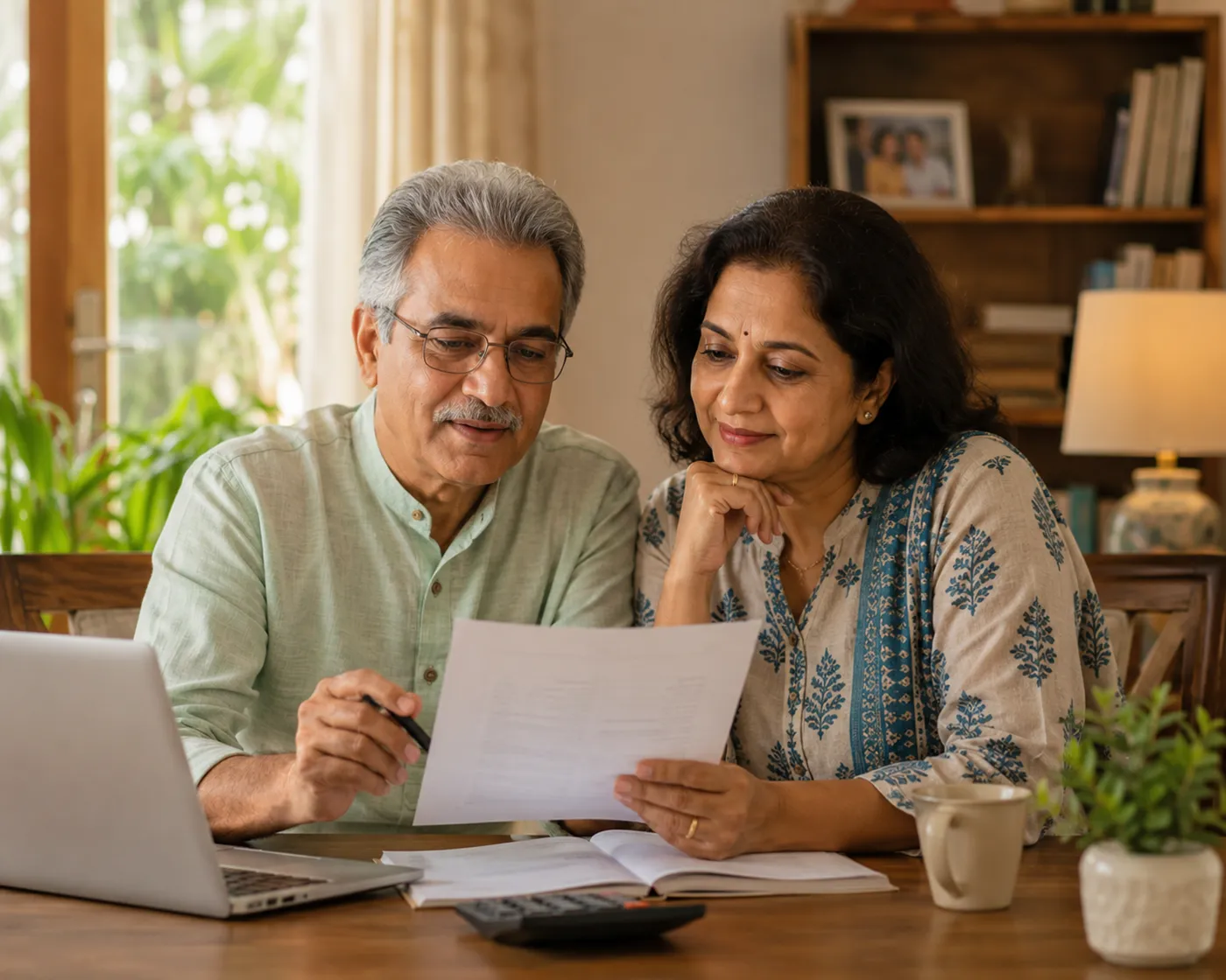 A couple sitting together at a table, going through papers and a laptop.