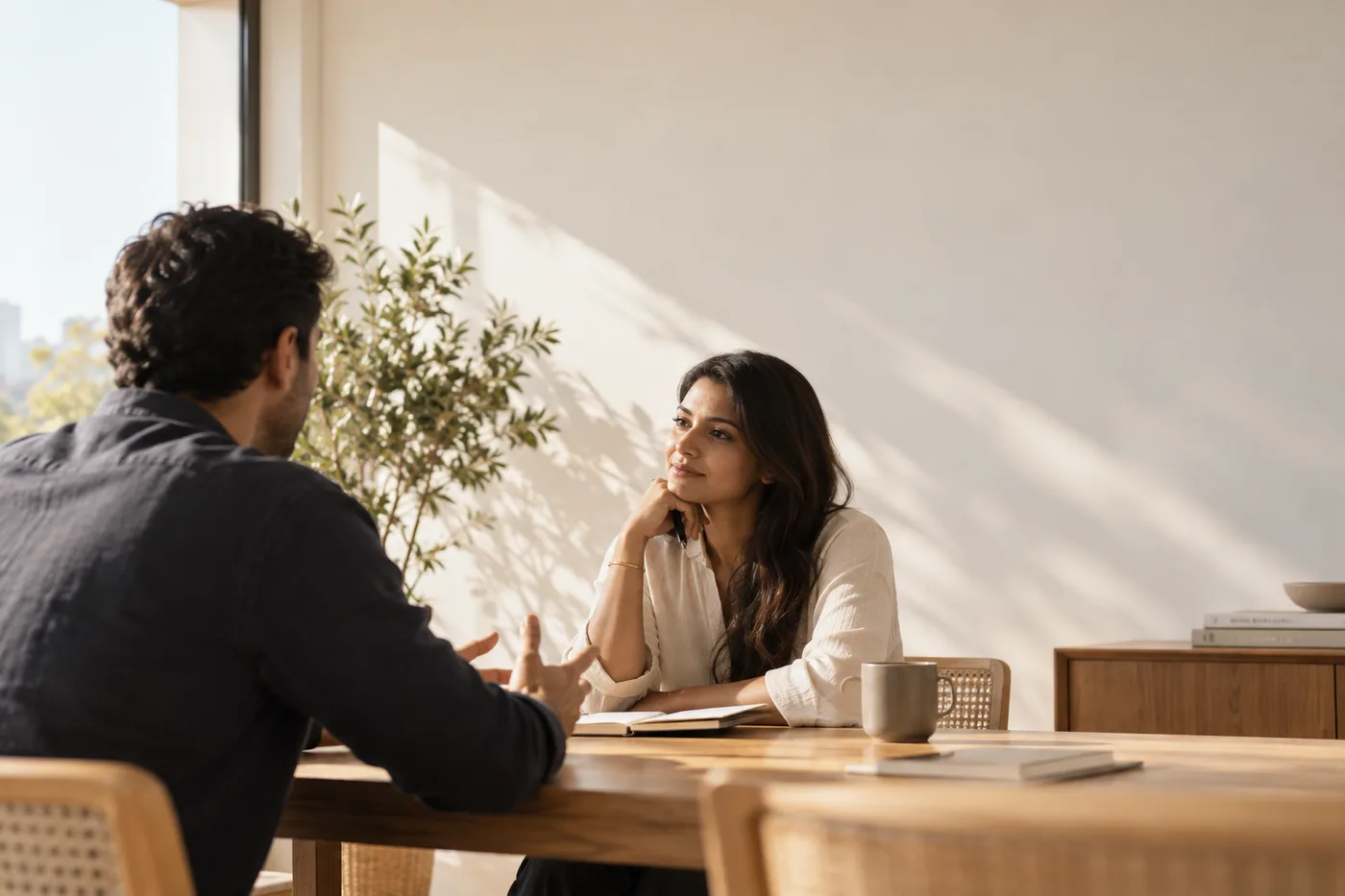 Two people in conversation across a table in a bright room.